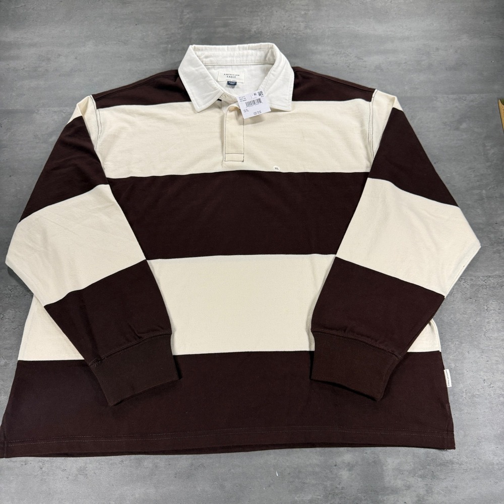 American Eagle Rugby Shirt Men XL Super Soft Brown Cream Striped Long Sleeve NEW